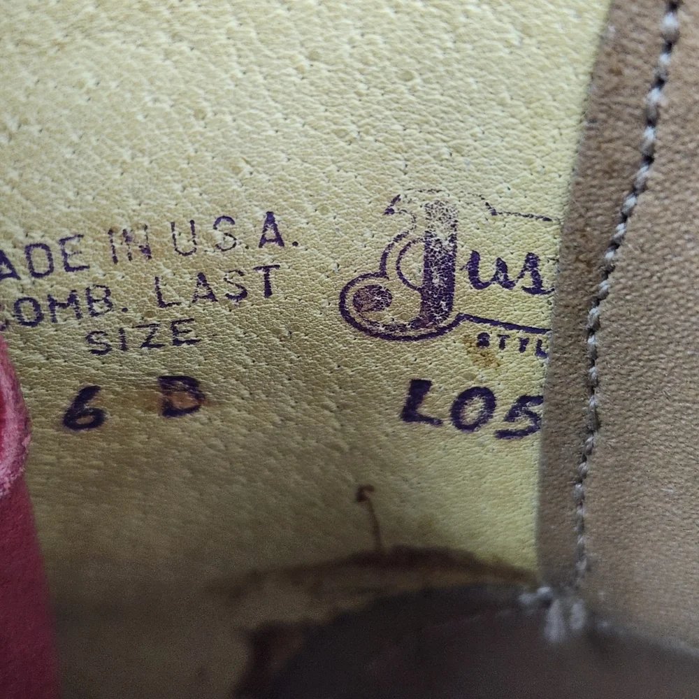 Justin Vintage Red Leather Brown Trim Lace Up Roper Western Boots Womens Size 6 - Picture 10 of 12